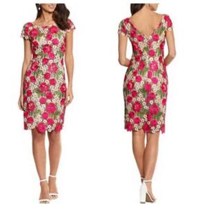 NEW XSCAPE Women's‎ Short Sleeve Floral Print Sheath Dress Spring Pink Multi 4